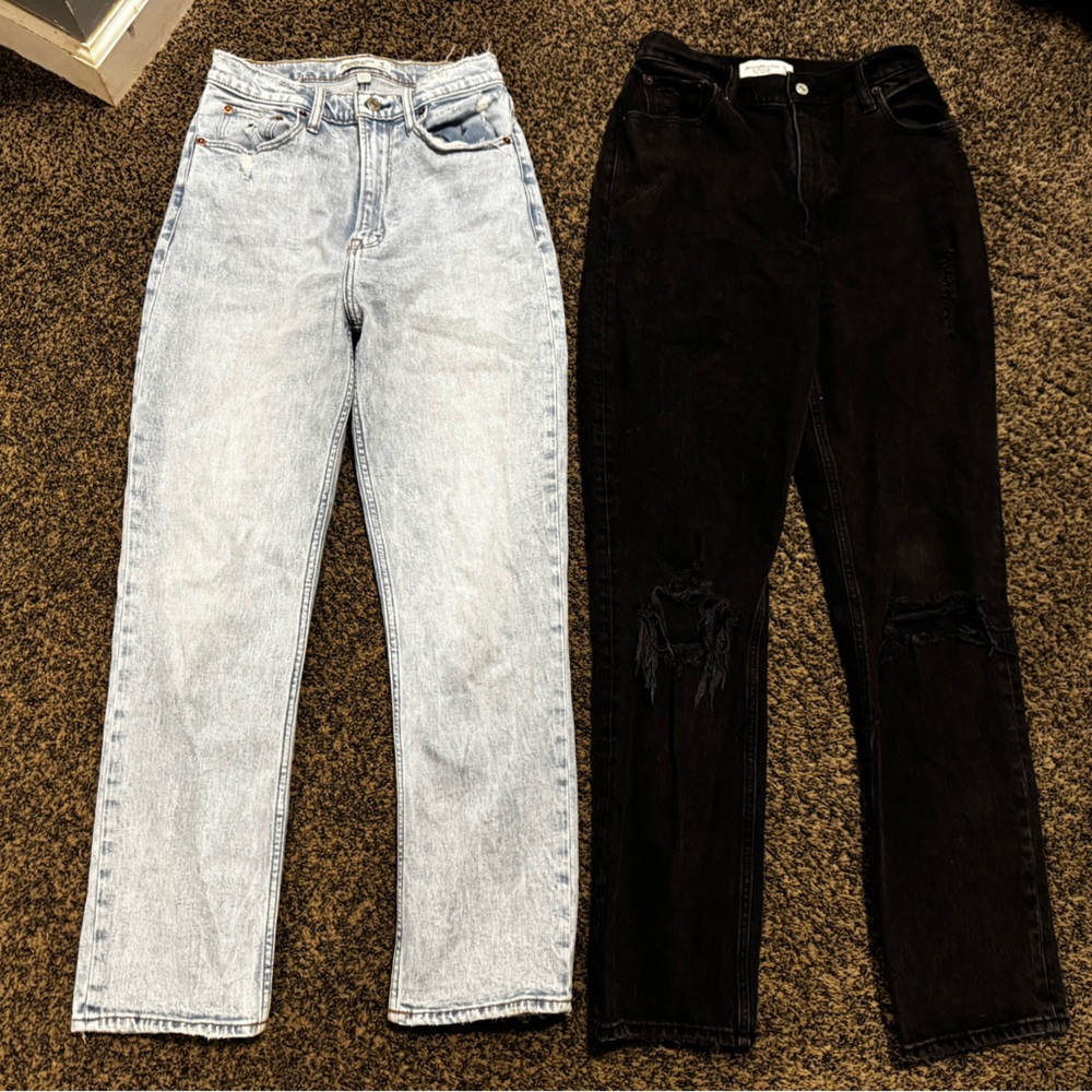 Abercrombie & Fitch Women's Straight Leg Jeans - Light Blue and Black